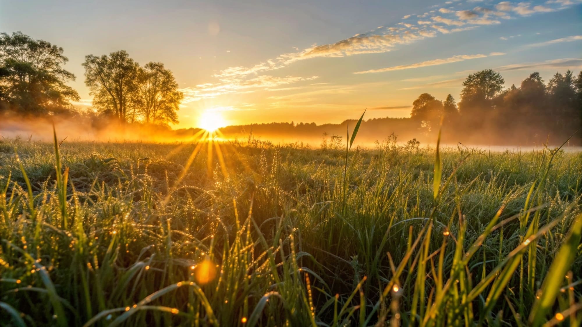 Sonnenaufgang über einer mit Tau bedeckten Wiese